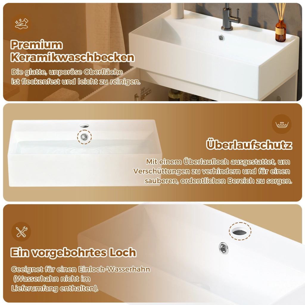 Mobile sottolavabo da bagno con lavabo in ceramica, anta soft-close e ripiani aperti, bianco, 55 × 32 × 87 cm