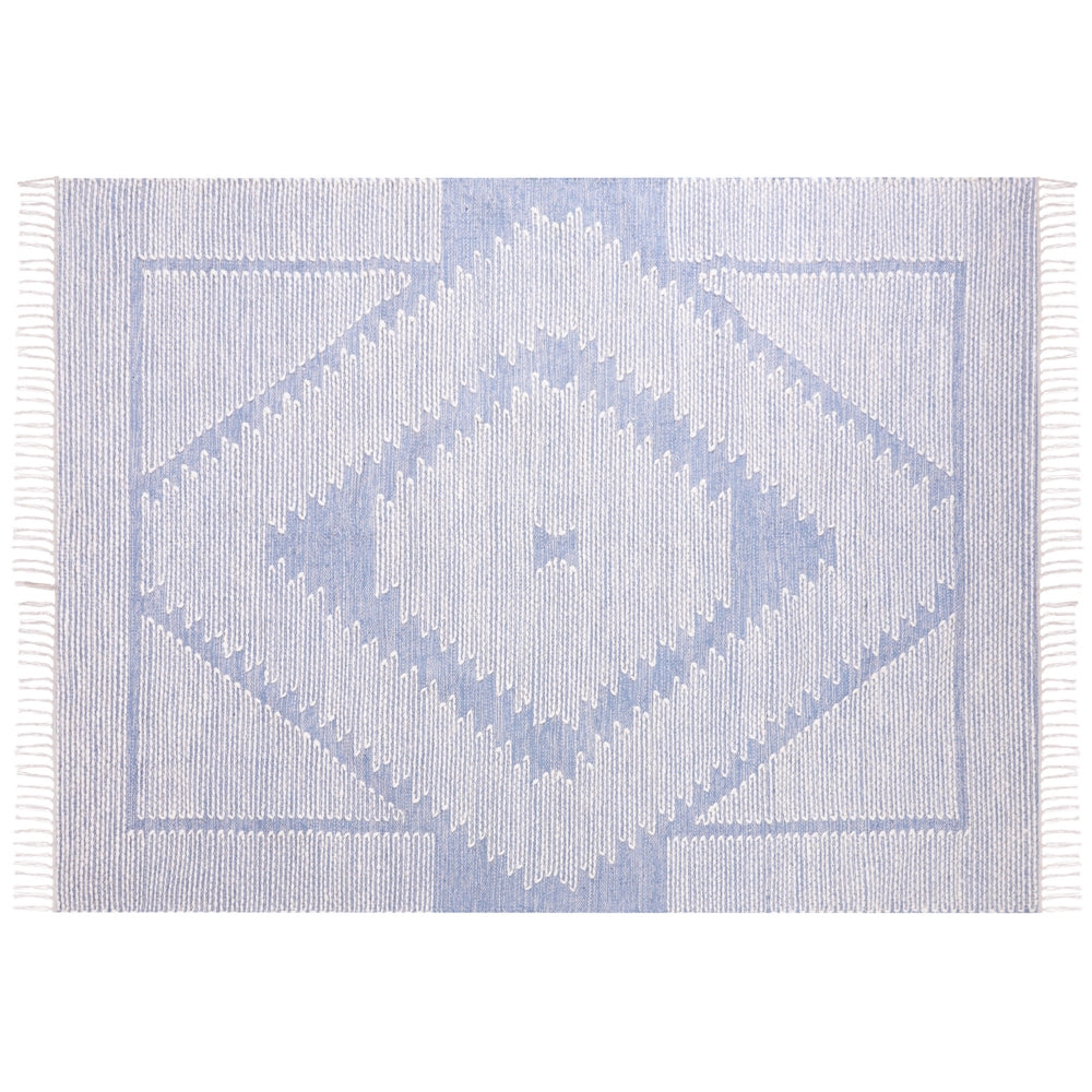 Tappeto in cotone e lana con nappe bianco blu 160 x 230 cm soggiorno camera da letto