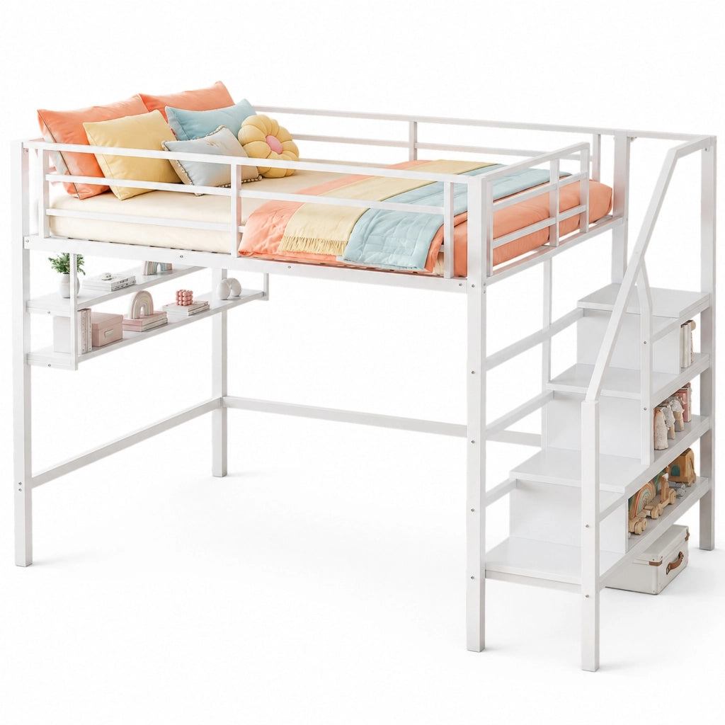 Letto a soppalco 140x200 cm con ripiani e scala contenitore, bianco
