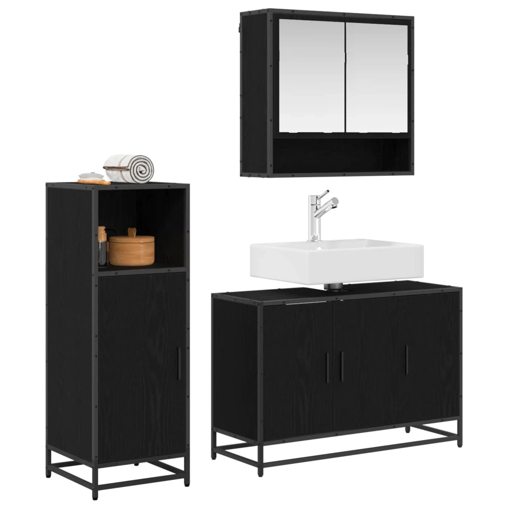 Set di mobili per il bagno 3 pcs Rovere Nero Legno multistrato