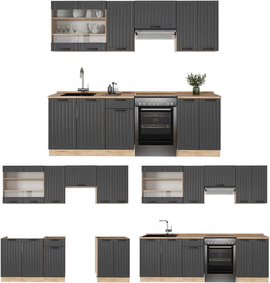 Cucina componibile Fame-Line, Grigio scuro, 240 cm senza piano di lavoro