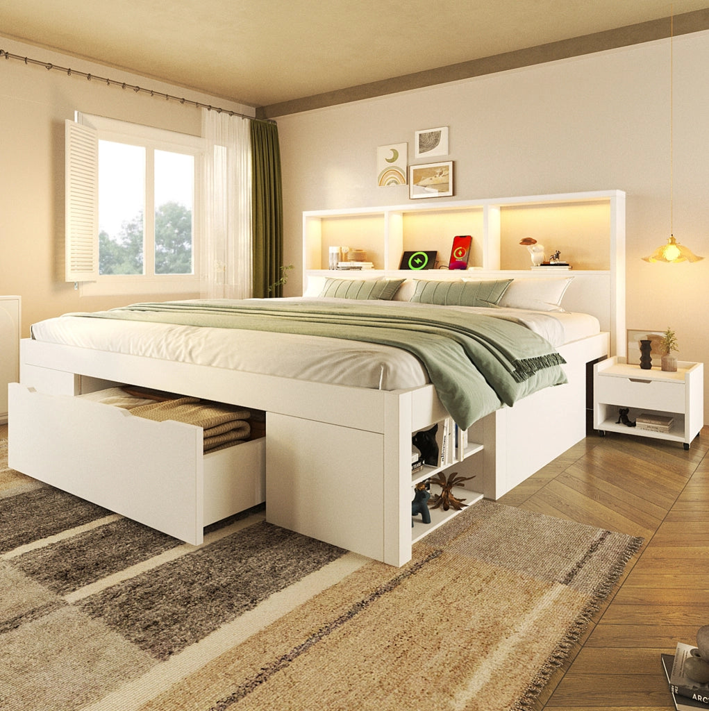 Letto matrimoniale ULEVR 140x190 cm con LED, USB-C, cassetto e 2 comodini mobili, bianco