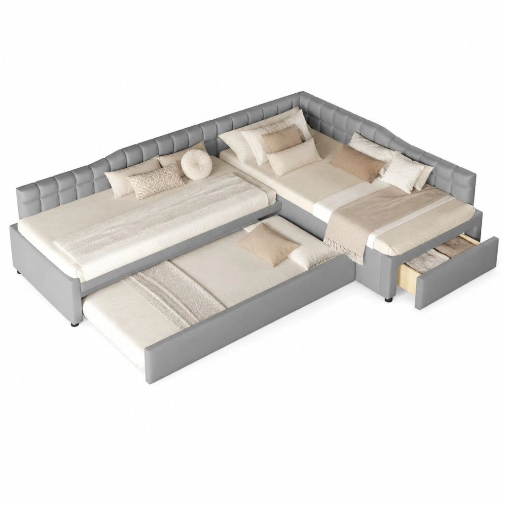 Letto imbottito angolare a L 90x200 cm con letto estraibile e cassetti; grigio