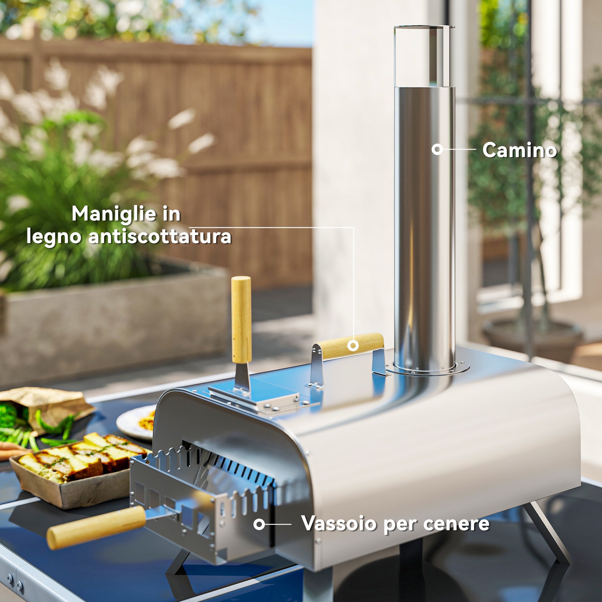Forno per Pizza a Pellet 79x36x75 cm con Pietra Refrattaria e Pala in Acciaio Inox Argento