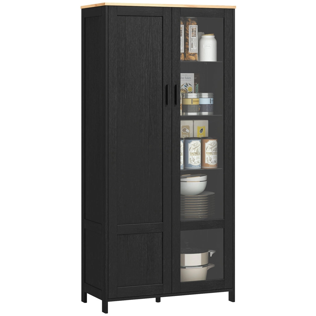 Credenza Stile Moderno Mobile Alto a 9 Ripiani Regolabili con Ante in Vetro 76x36x160 cm Nero e color Legno