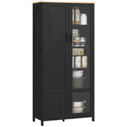 Credenza Stile Moderno Mobile Alto a 9 Ripiani Regolabili con Ante in Vetro 76x36x160 cm Nero e color Legno