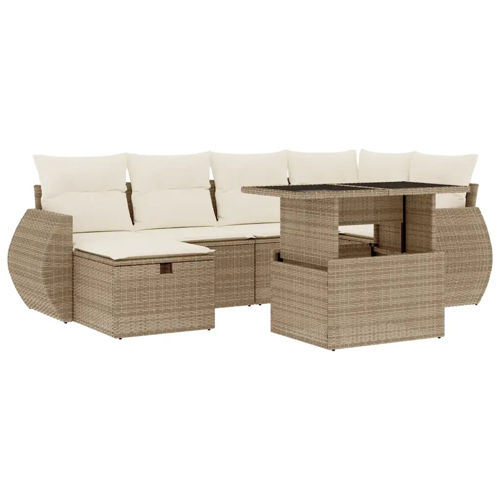 Set Divani da Giardino 7 pz con Cuscini Beige in Polyrattan