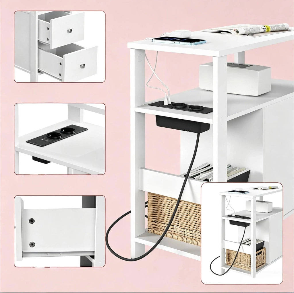 Tavolino stretto con presa; 2 cassetti e 2 ripiani; 60x60x30 cm; bianco
