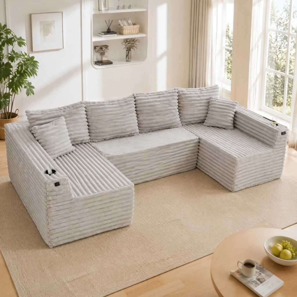 Divano modulare a U in corduroy con portabicchieri, tasche laterali e cuscini inclusi, design ergonomico per soggiorno