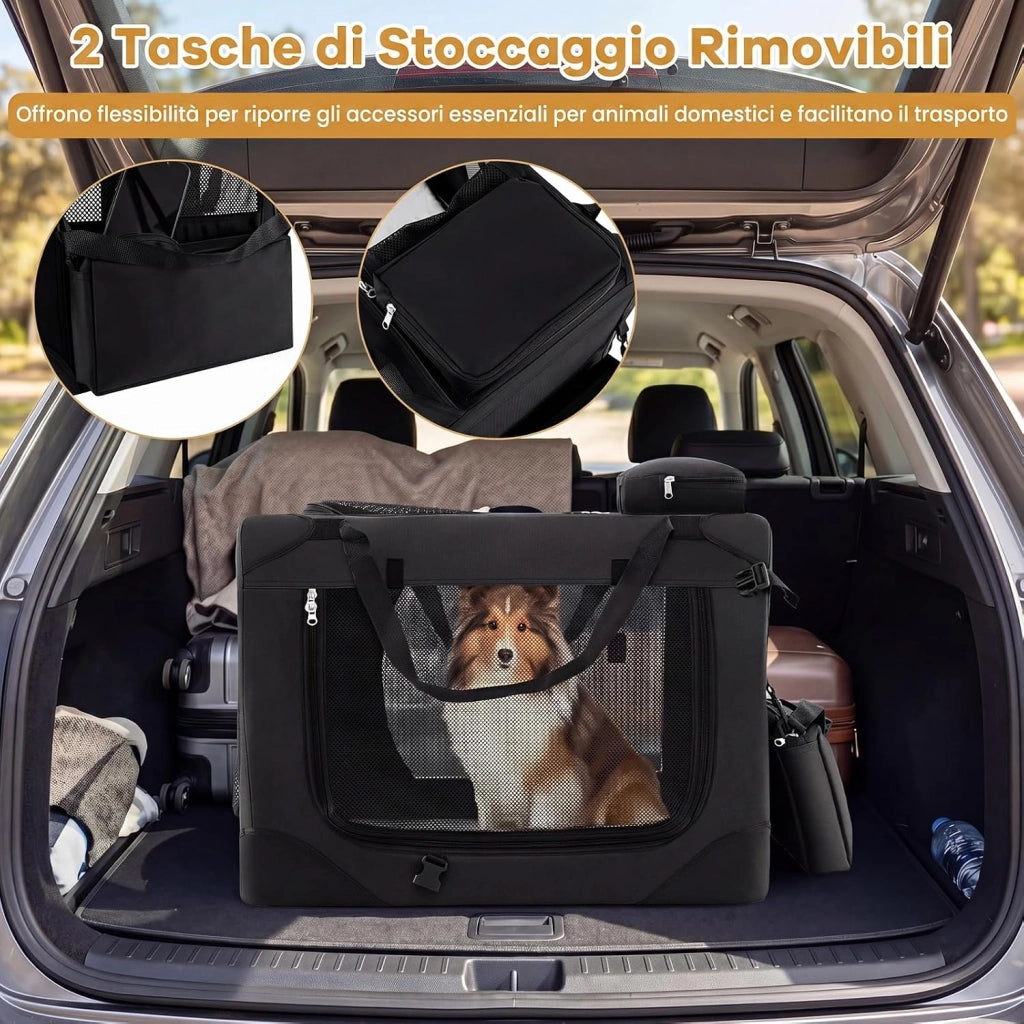 Trasportino per Cani e Gatti, Borsa per Cani Pieghevole e Traspirante con Morbido Cuscino, Parte Superiore Apribile, 2 Tasche Portaoggetti e 2 Manici per Animali Domestici (M,Nero)