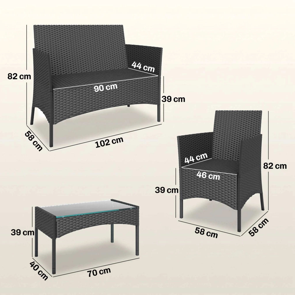 Set da giardino 4 posti in polyrattan con divani e tavolino in vetro ¨C zephmum ¨C grigio