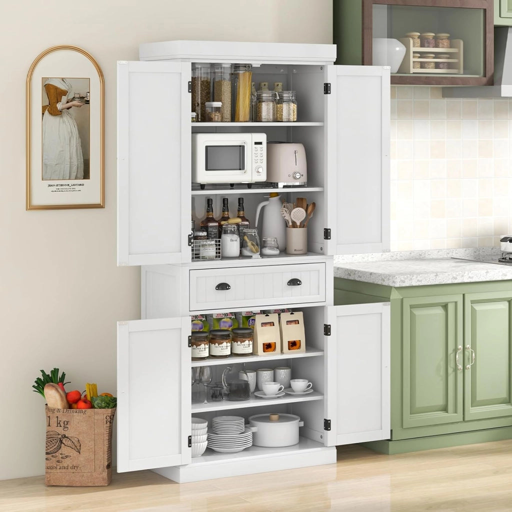 Credenza Alta da Cucina 183,5 cm, Armadio Alto a Buffet in Legno, Mobile Cucina Dispensa con Ripiani Regolabili e Cassetto, per Soggiorno, Sala da Pranzo, 76 x 40 x 183 cm (Bianco)