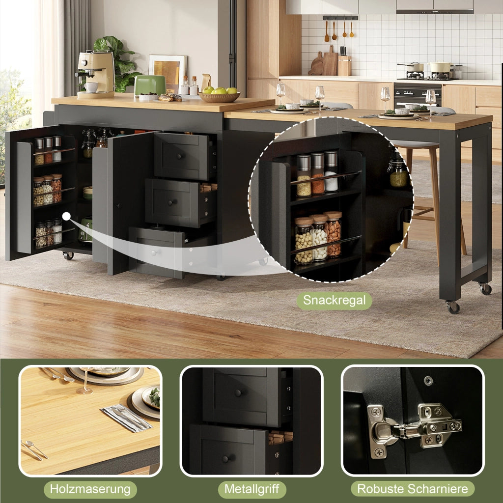 ISOLA DA CUCINA Estensibile 116-179,5x45x89 cm Nera con 3 cassetti e ruote