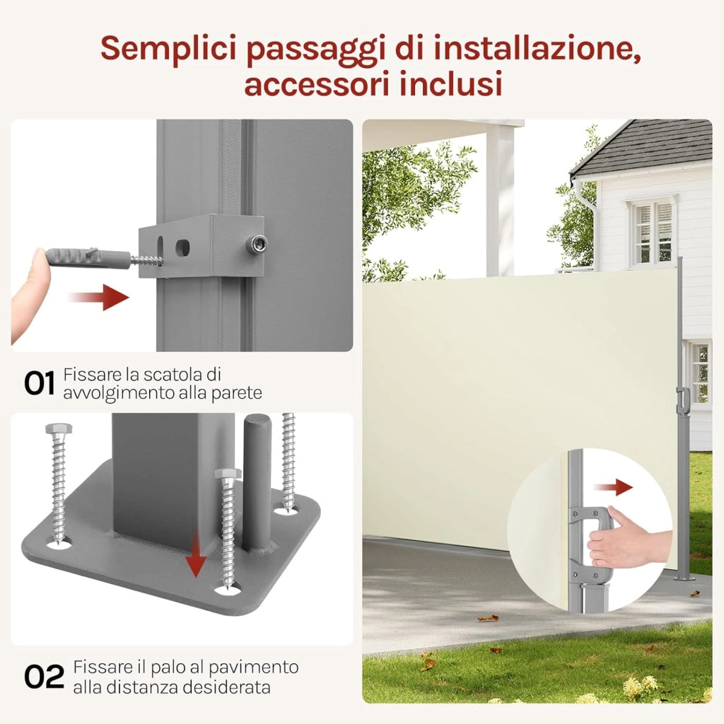 Paravento Esterno, Tenda Laterale Retrattile, 180x350 cm, Frangivista, Protezione Solare & Antivento, per Giardino, Balcone, Terrazza, Patio, Crema