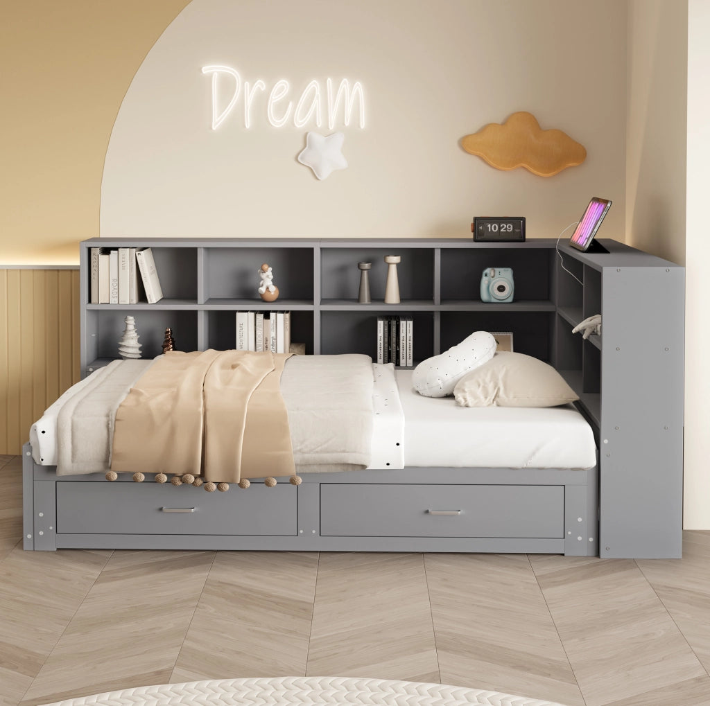 Letto singolo estraibile in legno con contenitori, cassetti e presa multifunzione