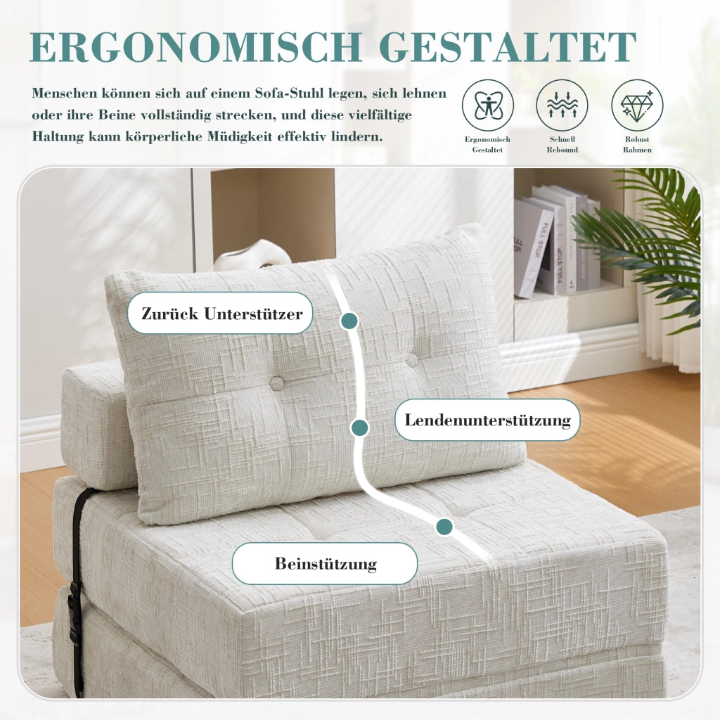 Divano letto pieghevole con schienale, cuscini per testa e zona lombare, in Ciniglia Beige