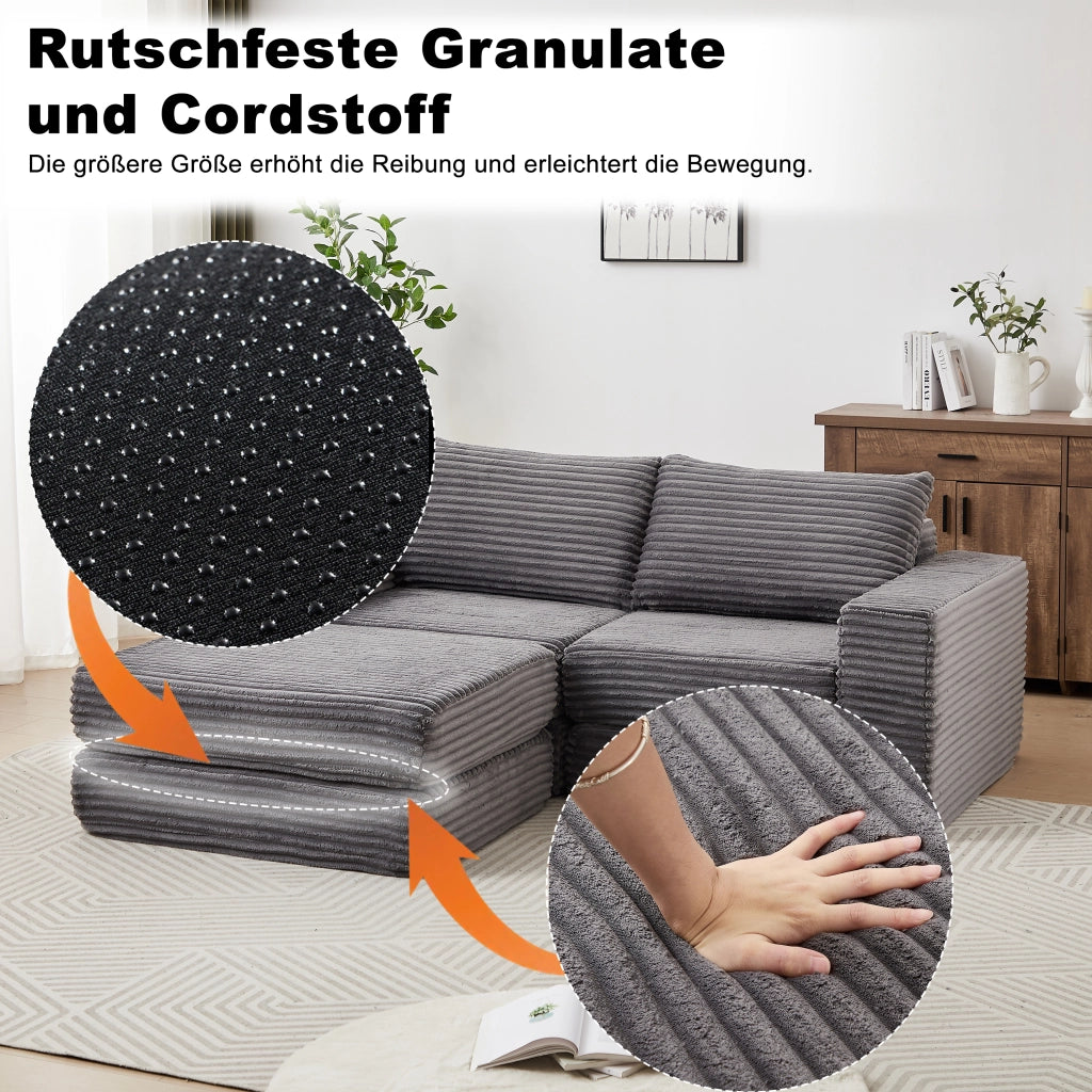Divano letto modulare in corduroy con pouf removibile, braccioli quadrati e configurazione flessibile, grigio