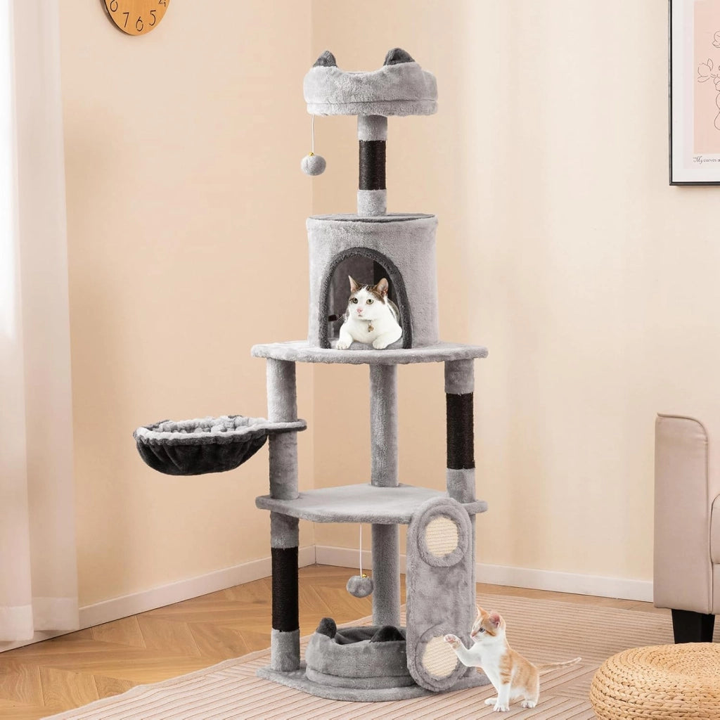 Tiragraffi per Gatti Alto 144 cm, Albero Tiragraffi Gatto con 3 Pali in Sisal, Amaca, 2 Pompom e Grotta, Cuccia Albero Gatto Imbottito in Peluche con Tavola in Sisal, Grigio
