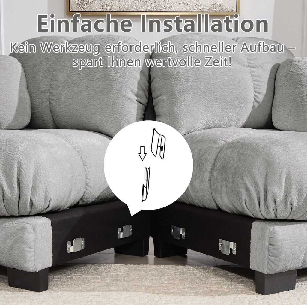 Divano angolare 3 posti con pouf mobile 260x149x90 cm in chenille grigio chiaro