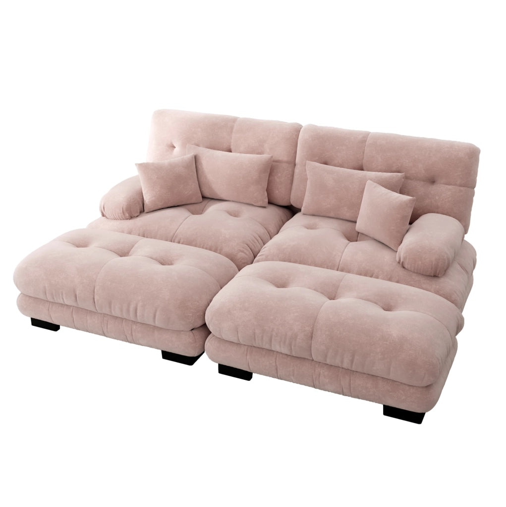 Divano modulare con ottomane in ciniglia rosa