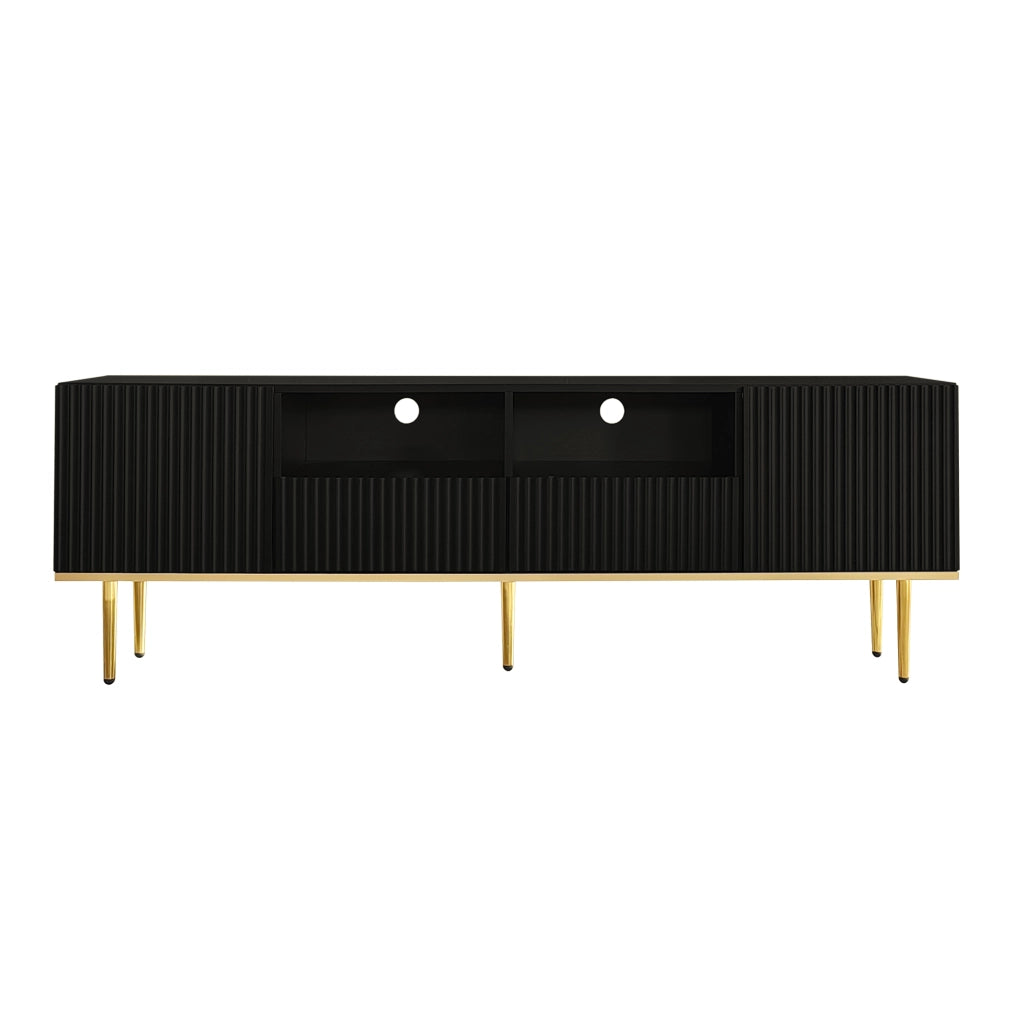Mobile TV 165x36x55 cm; 2 vani e 2 cassetti con apertura a pressione; pannello truciolare nero e oro