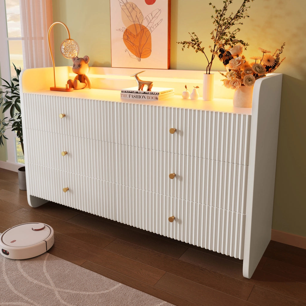 Credenza 120x40x75 cm con LED; 6 cassetti e vano aperto; pannello truciolare bianco