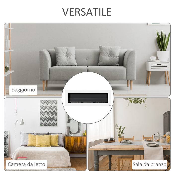 Camino a Bioetanolo da Parete 120x15x40 cm con 3 Serbatoi da 1L e Copertura 20m² in Acciaio e Vetro Bianco