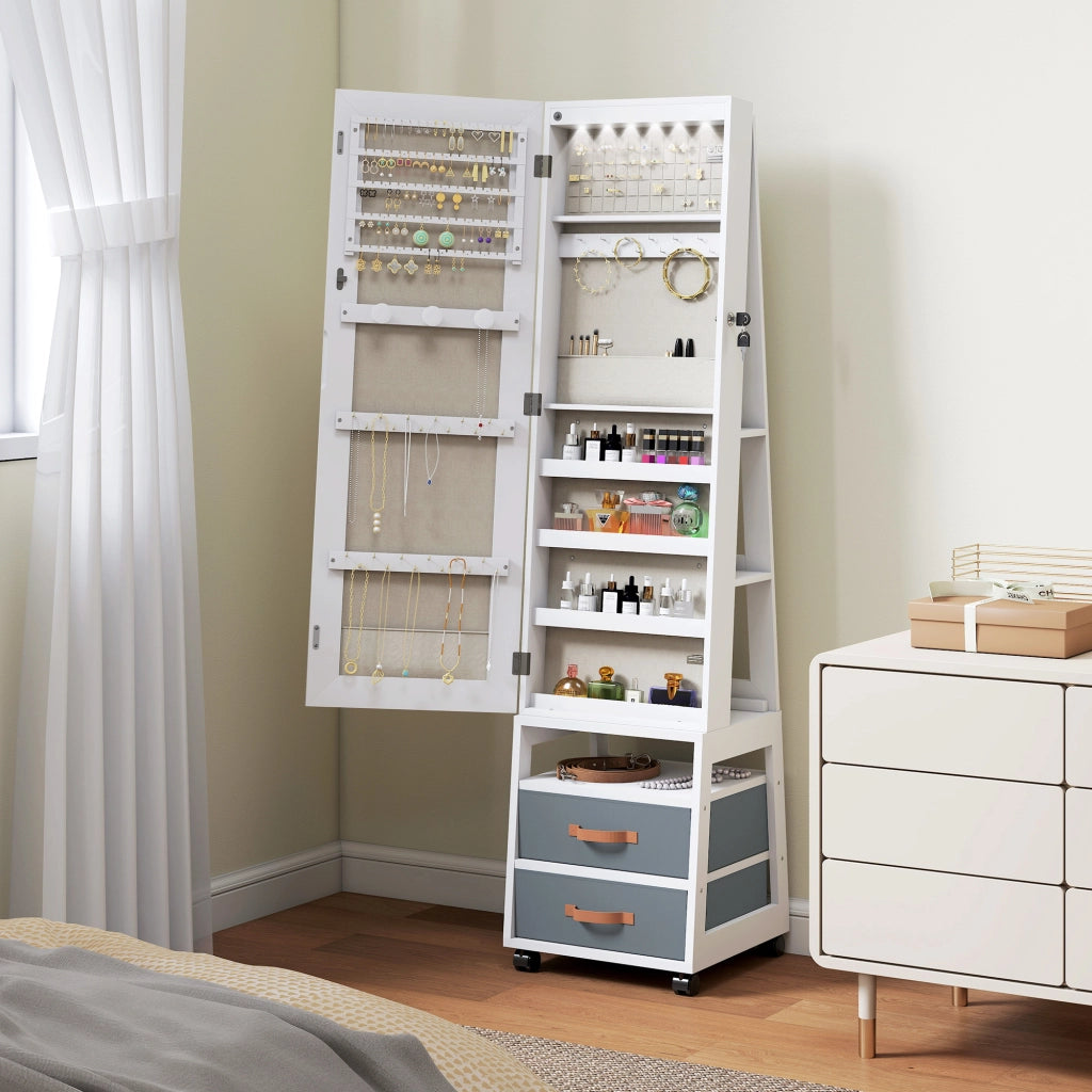 Cassettiera con Specchio e Luci LED ¨C Zephmum ¨C Bianco Tessuto 60x40x120