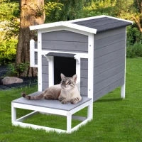 Cuccia per Gatti Rialzata con Balconcino e Tetto Impermeabile da Giardino Legno 115x66.5x74.7cm Grigio