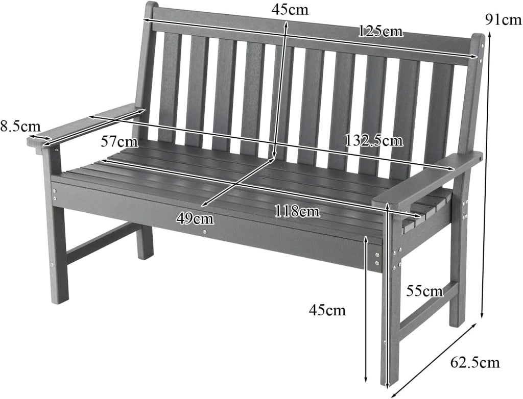 Panca da giardino, Panchina da Esterno, Resistente alle Intemperie, con Schienale e Braccioli, fino a 300 kg, 132,5 x 62,5 x 91 cm, Grigio