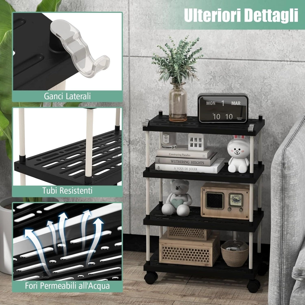 Carrello Sottile a 4 Piani, Scaffale per Cucina con Ruote Bloccabili, Ganci Laterali, Scaffale di Stoccaggio Multiuso, Carrello Estraibile per Cucina Garage Ufficio, 40x21x59,5 cm