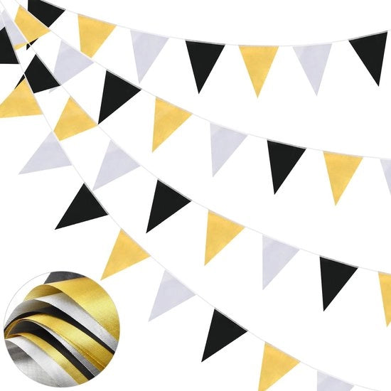 Set di Bandiere da Penna 52 pezzi - Linea di Bandiere in Poliestere Idrorepellente - Decorazione per Feste Riciclabile - Giallo/Nero/Argento - Misura Perfetta 22x16 cm
