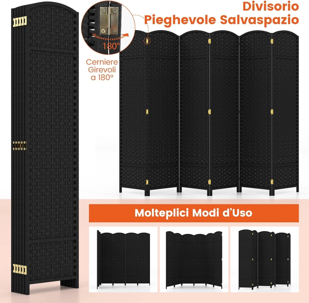 Paravento Pieghevole a 6 Pannelli, Pannelli Divisori da Interno con Texture Intrecciata a Mano e Telaio in Legno, Separé Divisorio a Parete Autoportante per Casa, Ufficio e Negozio (Nero)