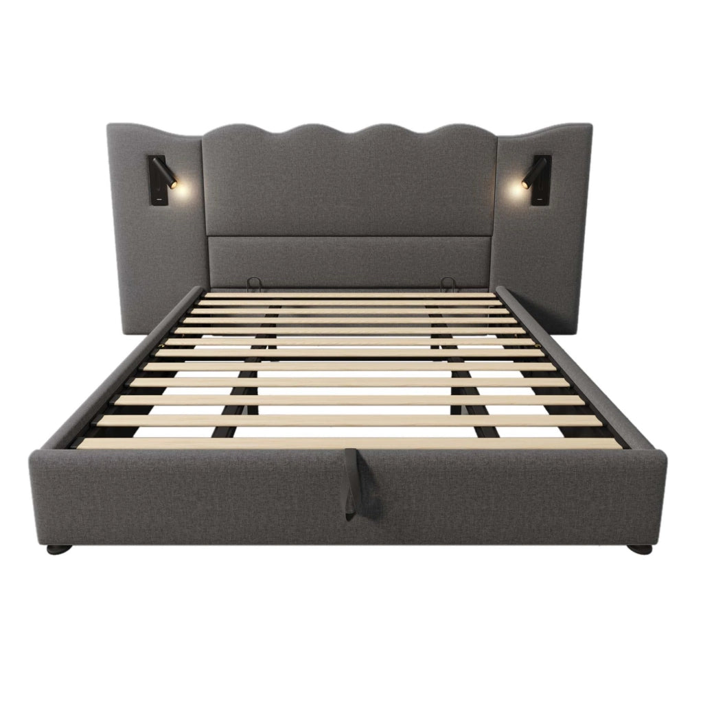 Letto imbottito 180x200 cm con contenitore e lampada da lettura in lino grigio