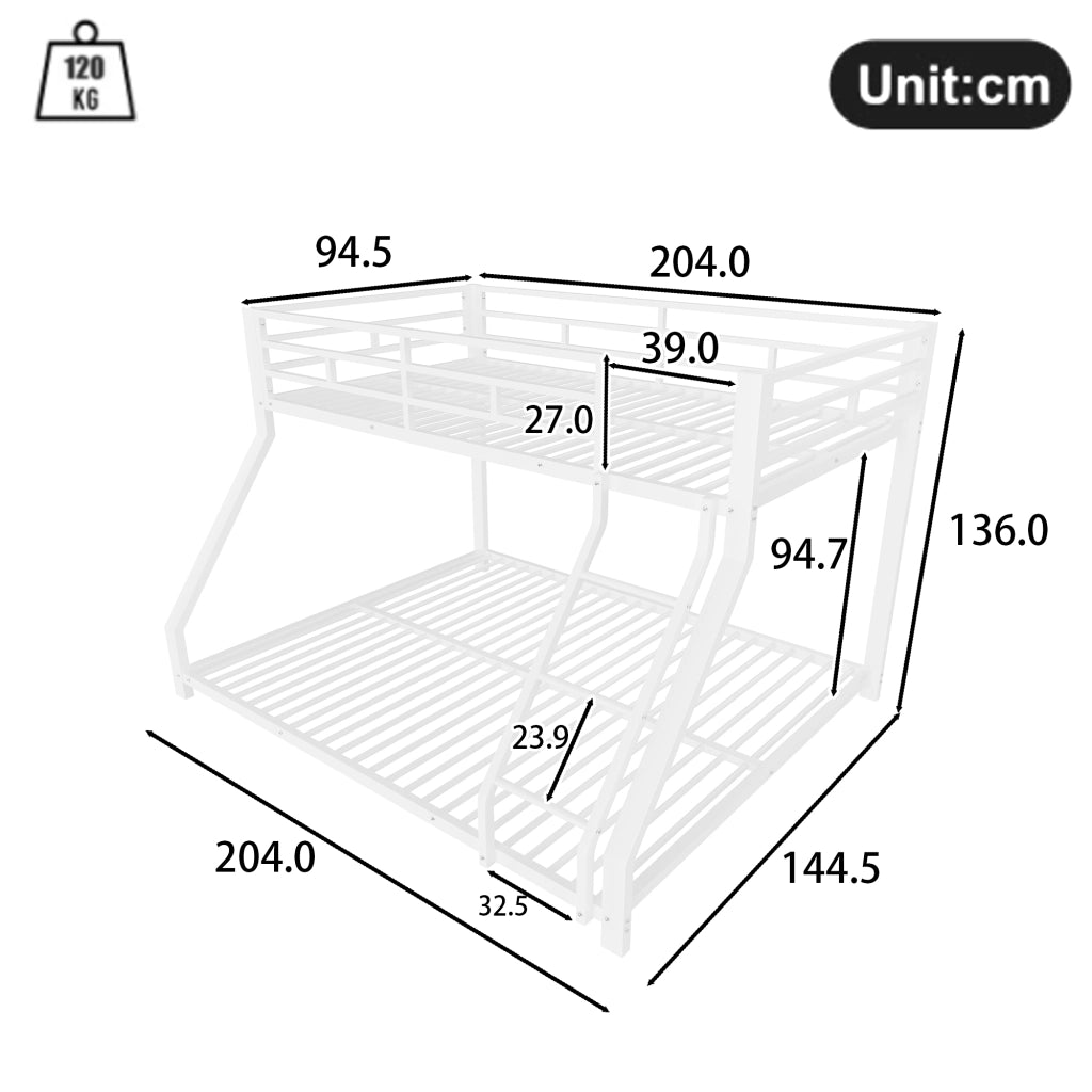 DESMIU Letto a castello 90 × 200 cm e 140 × 200 cm con scala, sponda, senza materasso, in metallo, bianco