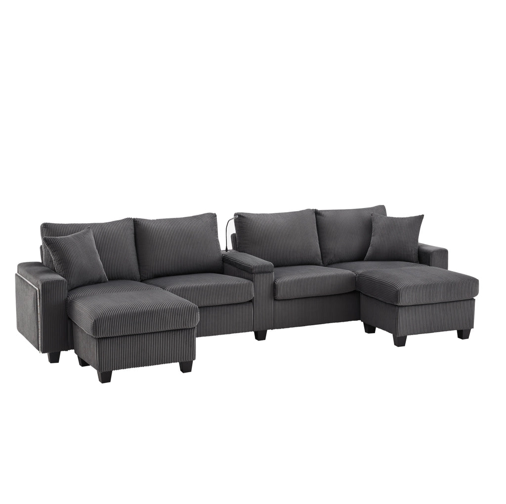 Divano a U in velluto a coste grigio con LED, USB/Type-C e 2 pouf