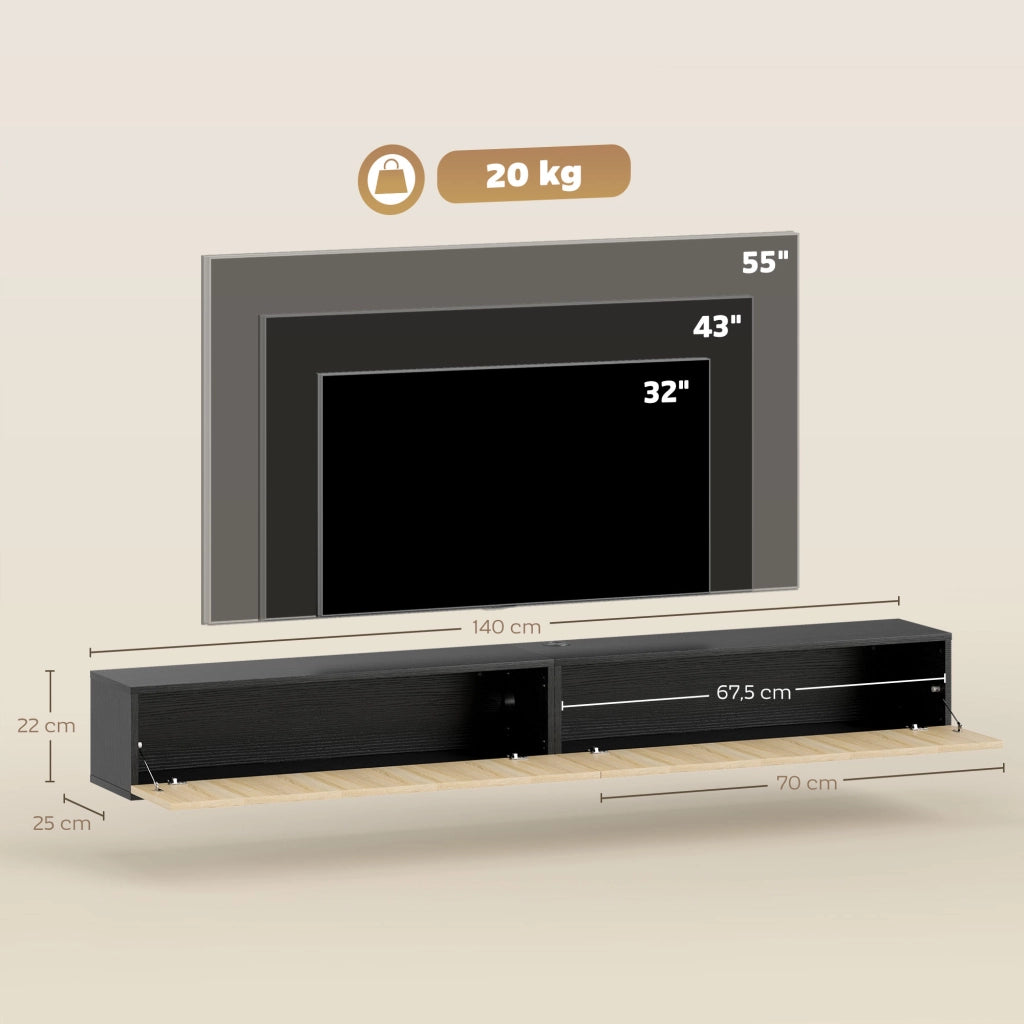 Mobile TV Sospeso per Televisore 72 Pollici ¨C zephmum ¨C Legno Naturale e Nero 140x25x22cm