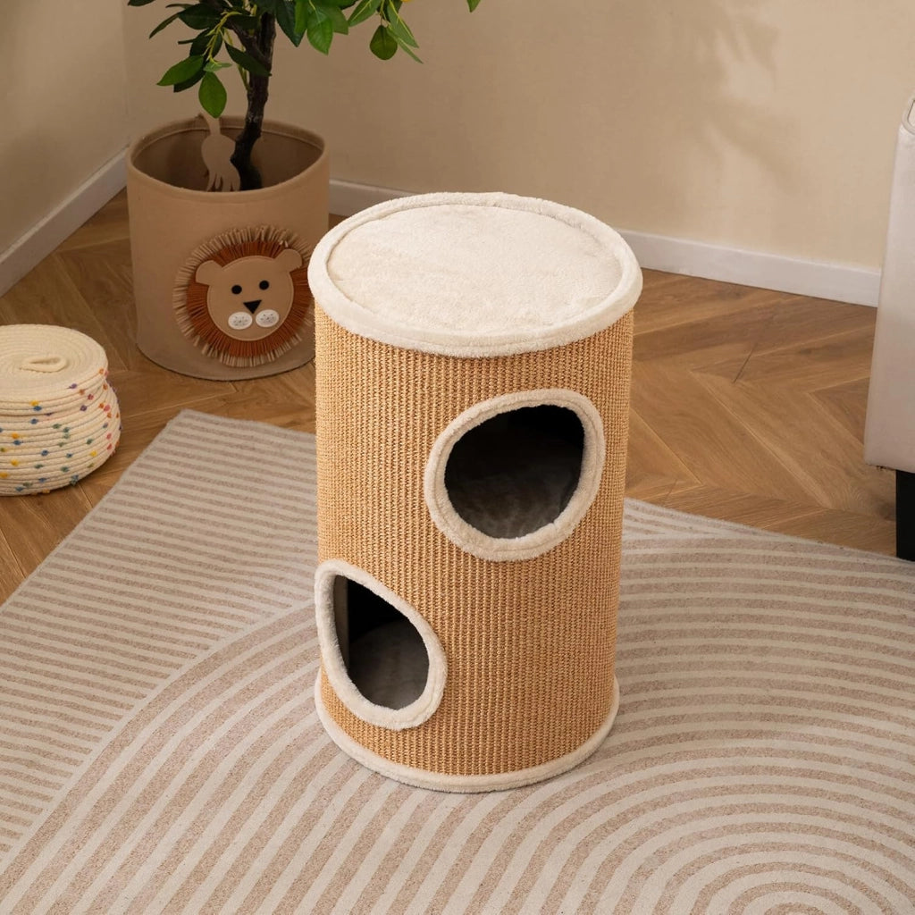 Tiragraffi per Gatti a Torre 60 cm, 3 Piani con 2 Grotte, Cuccia Albero per Gatti con Superficie Tiragraffi in Sisal, Tubo Stabile da Interno Ø36, Arancione