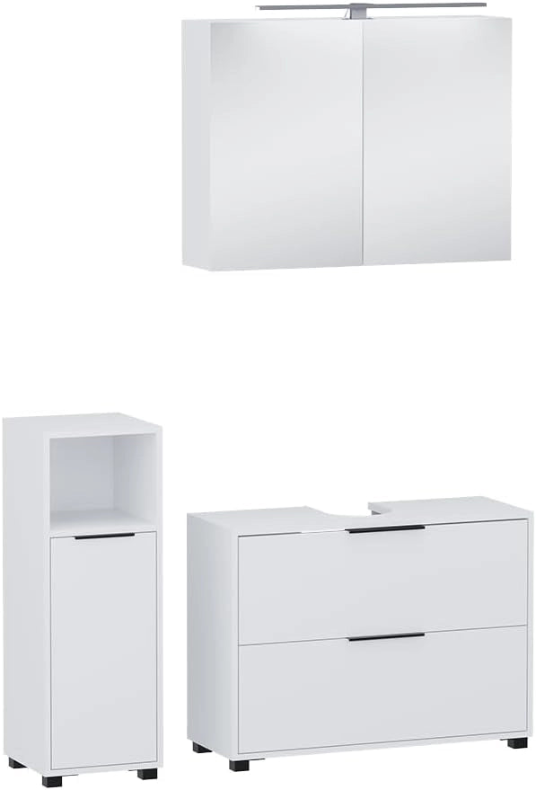 Set di mobili da bagno Alina, Bianco, 80 cm, composto da mobile sottolavabo, specchiera e colonna alta