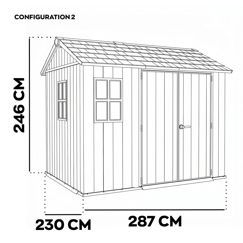 Newton + 759/975 - Casetta da Giardino 287x246x230 cm 2 Ante per deposito attrezzi finitura effetto legno Evotech+ in Resina Grigio e Nero