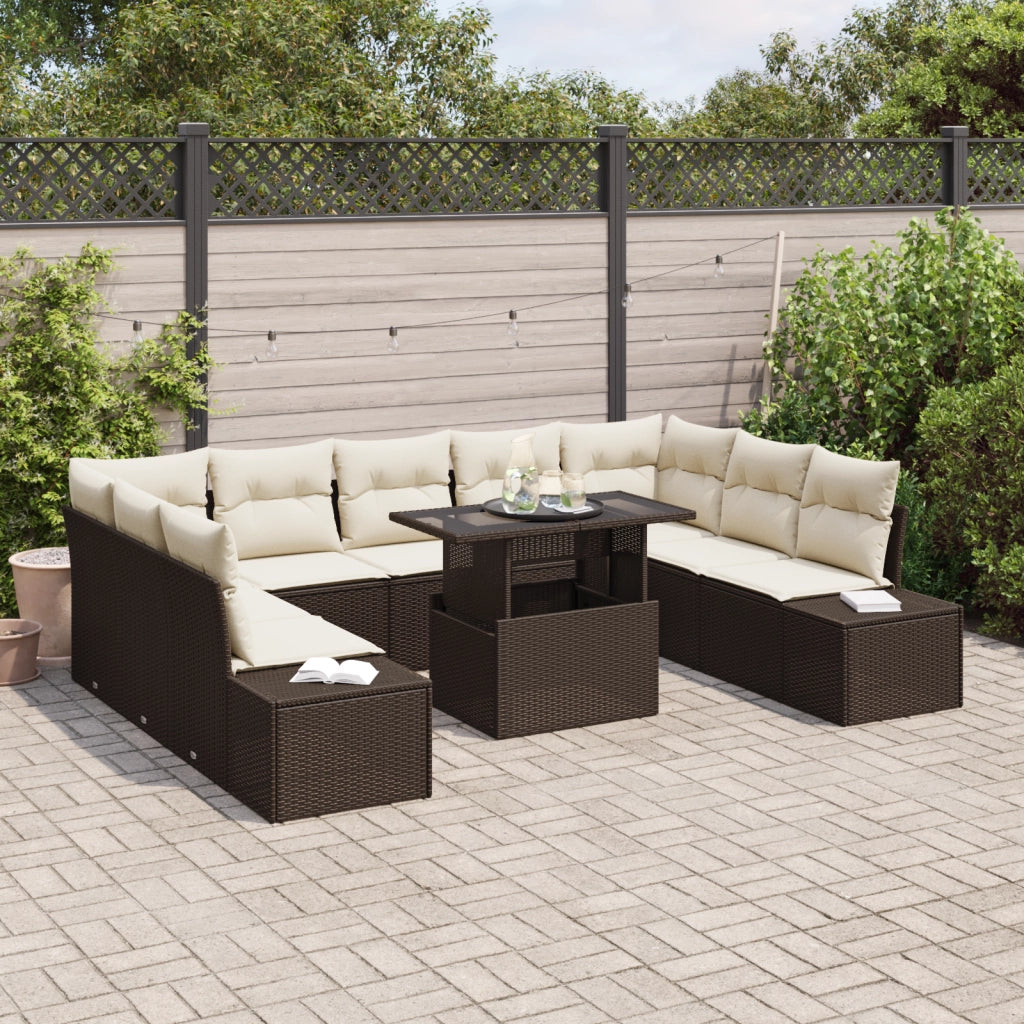 Set da Giardino in 10 Pezzi con Cuscini Marrone in Polyrattan