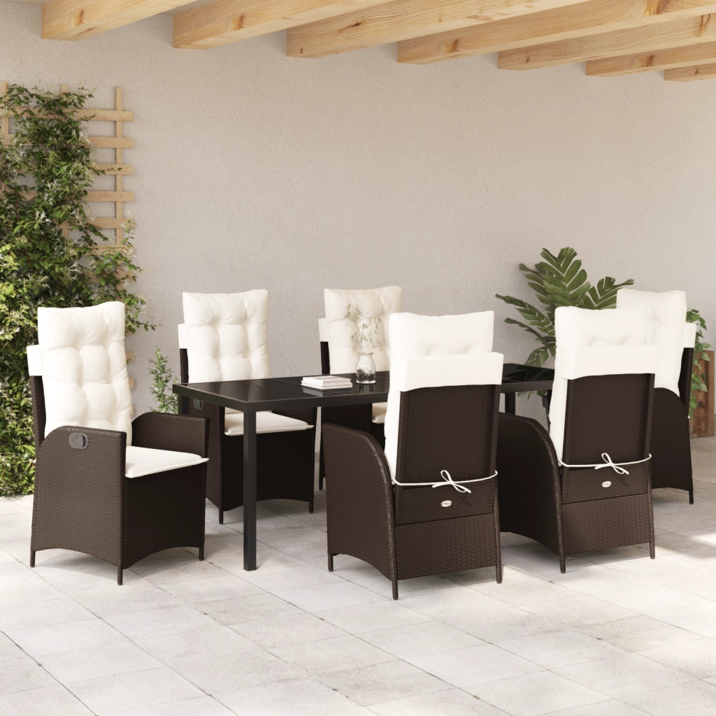 Set da Pranzo da Giardino a 7 Pezzi con Cuscini Marrone Polyrattan