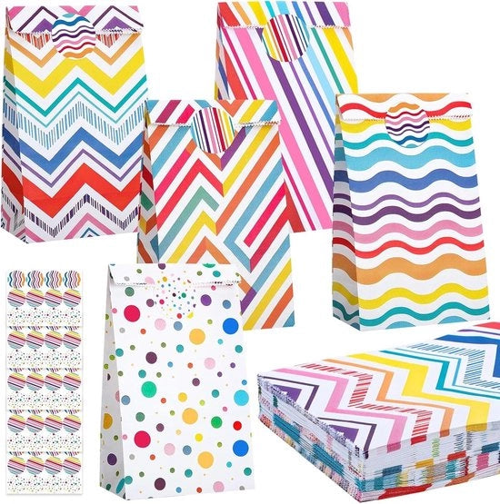 Pacchetti di carta 22 x 12 x 7 cm, sacchetti regalo per bambini, sacchetti per dolci con adesivi, sacchetti regalo colorati per matrimoni e feste