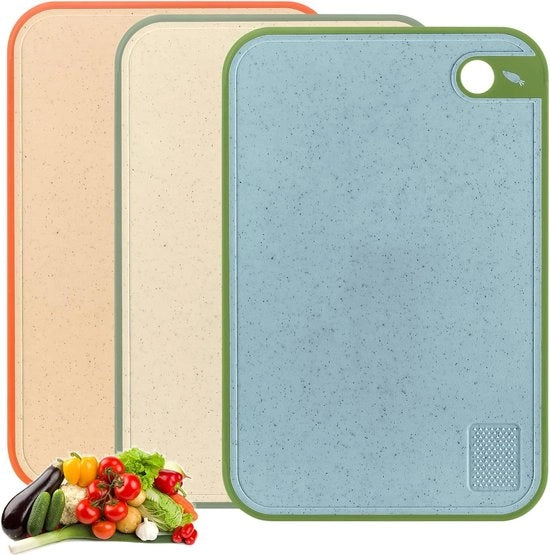 Set di tagliere da 3 pezzi, tagliere spesso per la cucina, grande tavola antiscivolo per la cucina, frutta, verdura, carne, tavolietta da colazione con foro di aggancio, plastica, riciclabile