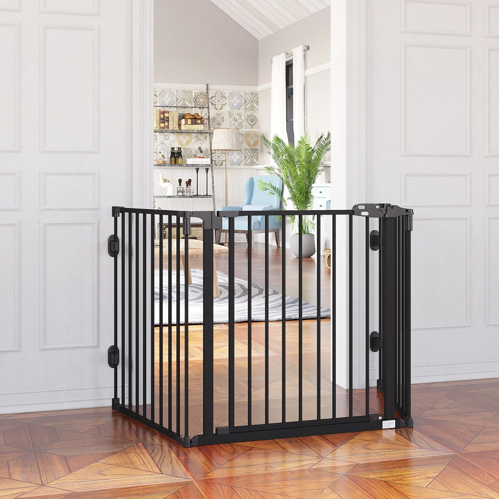 Barriera estensibile a forbice con porta a chiusura automatica 3 pannelli pieghevole in plastica nera 202,5 × 76 cm