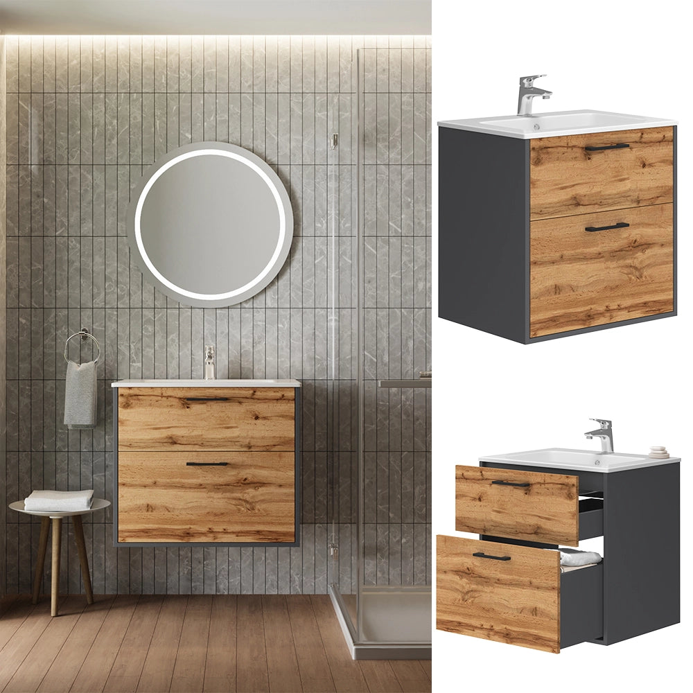 Vicco Set di mobili da bagno Antracite/quercia dorata 61 x 61.5 cm con lavabo