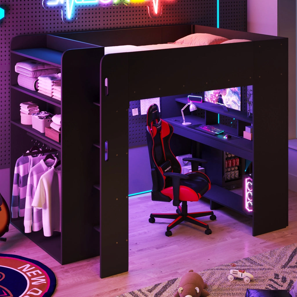 Letto a soppalco 140x200 cm con scrivania; armadio; LED e vani nero