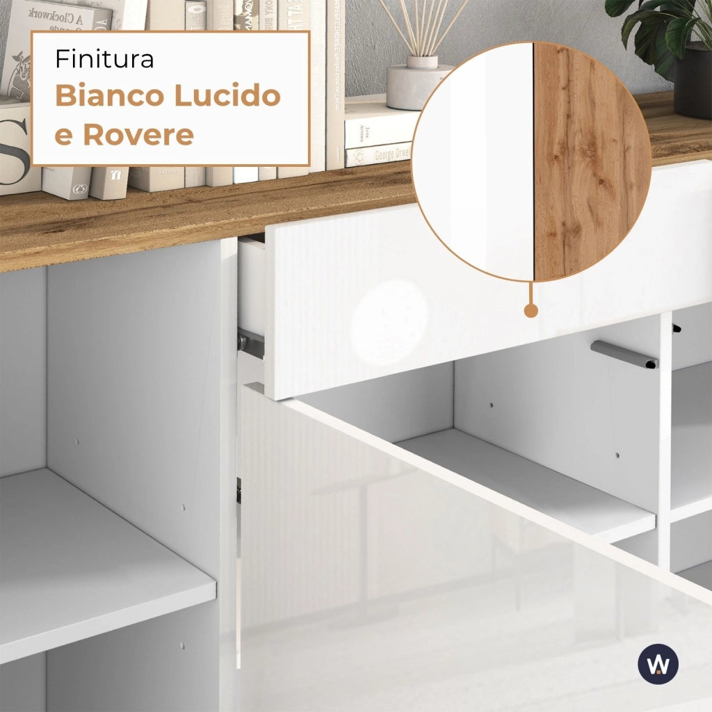 WHOUS Madia Garda a 4 ante e 2 cassetti bianco lucido e rovere 200x35x71 cm