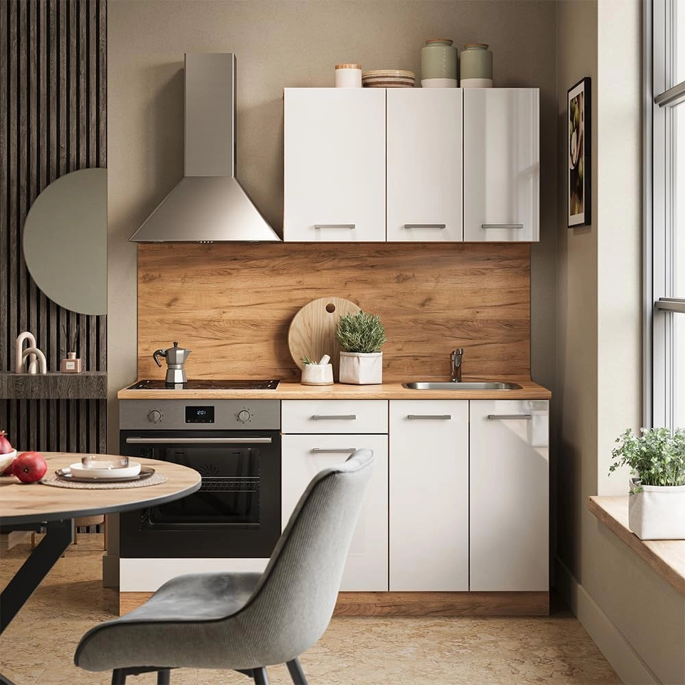 Cucina completa R-Line, Bianco lucido/oro power oak, 160 cm con base forno e lavello con PT