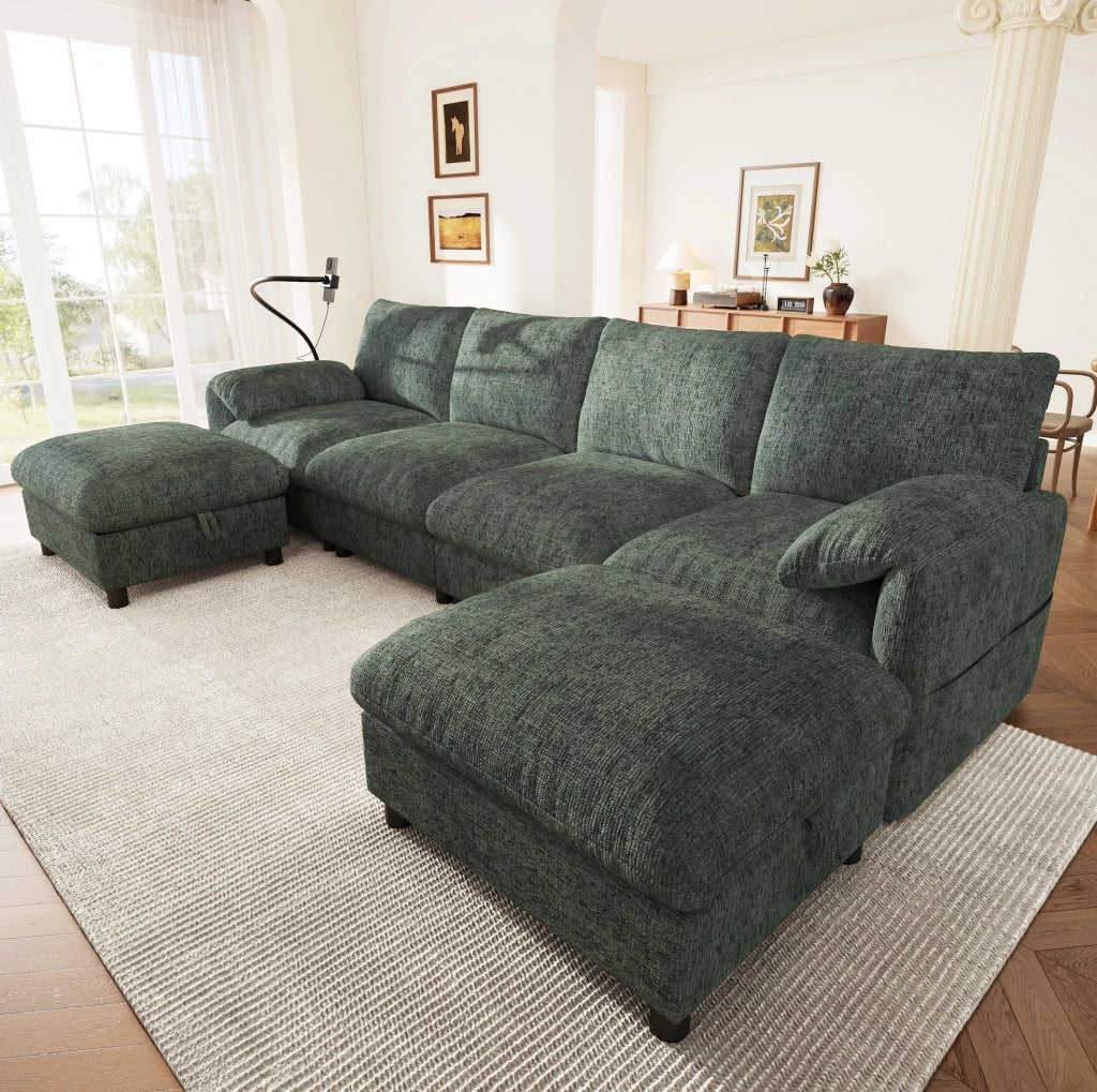Divano modulare in chenille con 2 pouf contenitore; USB e Type-C; supporto telefono; 273;5x133x81 cm verde